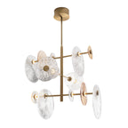 Suspension Allure vue d'ensemble sur fond blanc avec sa rosace ronde sa tige dorée mate et ses disques de verre strié transparents et ambrés