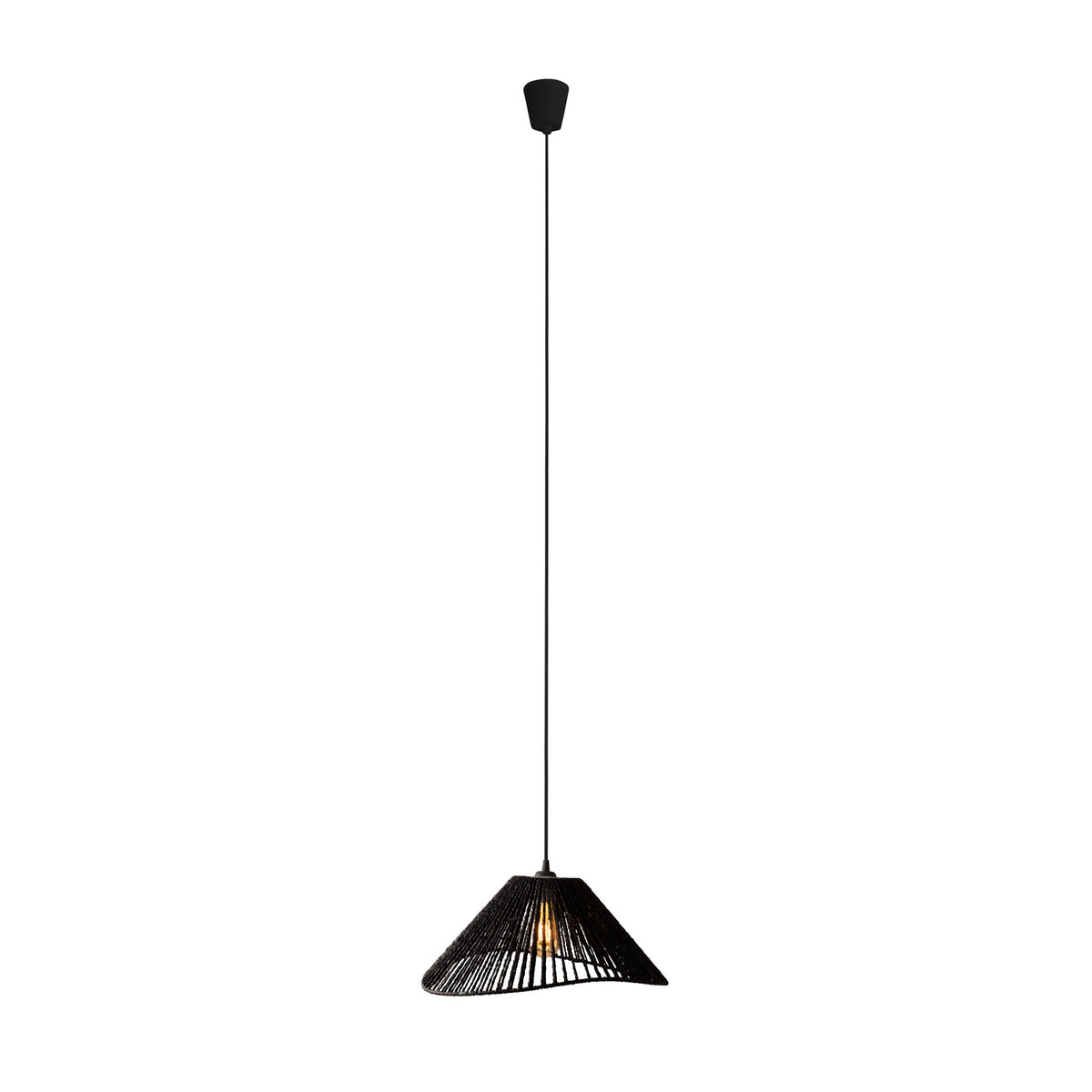 Suspension Amalfi I papier tressé noir entière avec sa rosace noire et son câble
