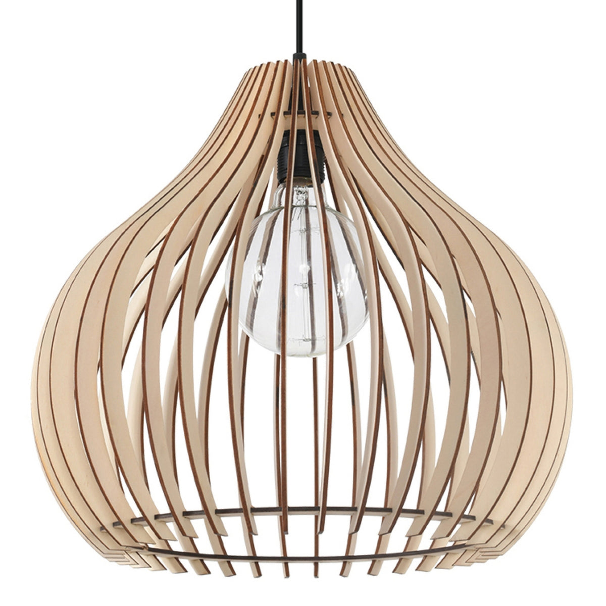 Suspension Aprilla abat-jour en goutte de lamelles de bois naturel avec ampoule apparente sur fond blanc
