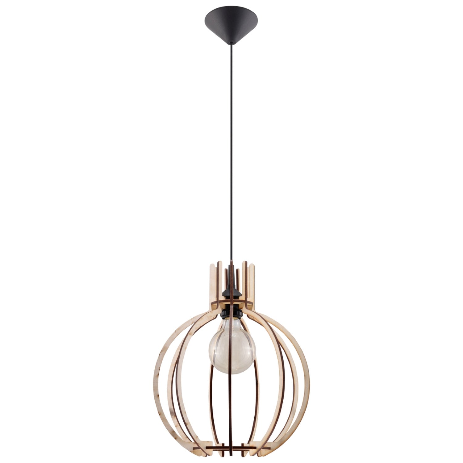 Suspension Arancia boule bois naturel, boule ajourée en bois naturel, ampoule E27 apparente