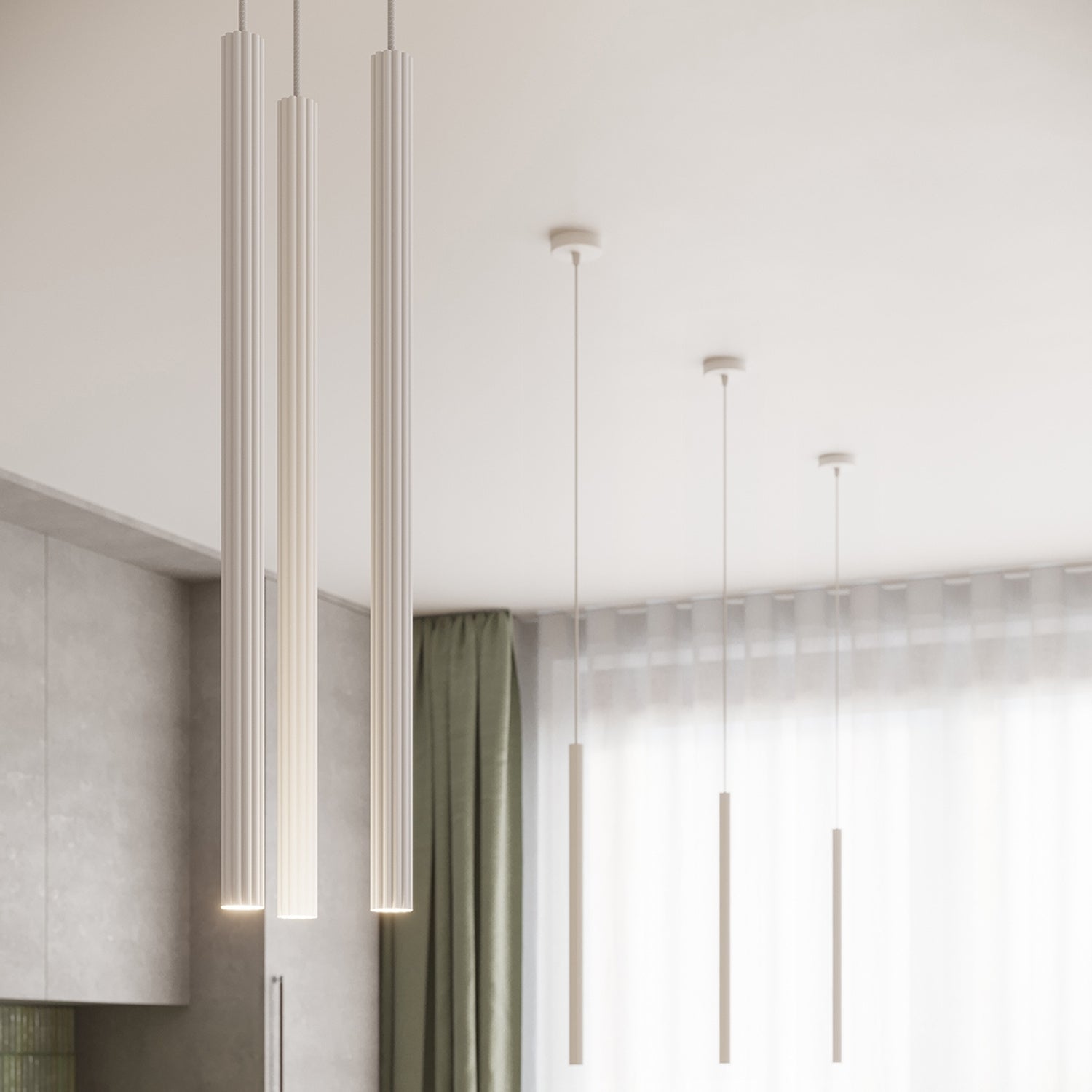 Suspension Arche 3 en grappe tubes cannelés blanc G9, ambiance chaleureuse