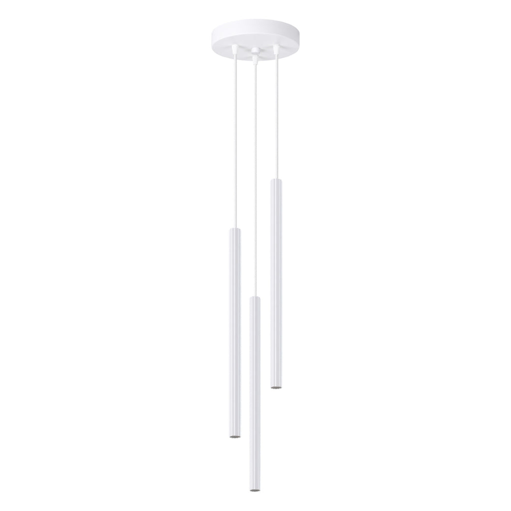 Suspension Arche 3 en grappe tubes cannelés blanc G9, trois fins tubes cannelés en acier blanc à hauteurs décalées