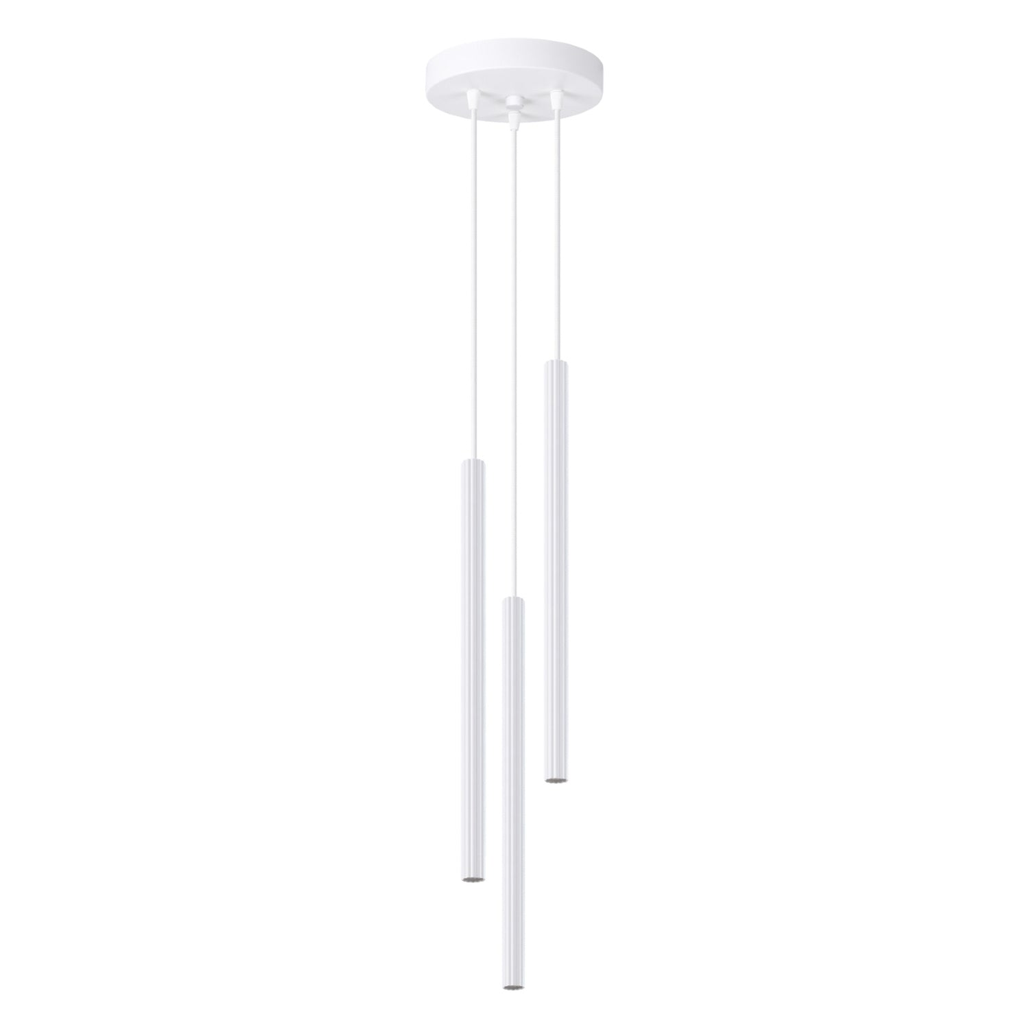 Suspension Arche 3 en grappe tubes cannelés blanc G9, trois fins tubes cannelés en acier blanc à hauteurs décalées