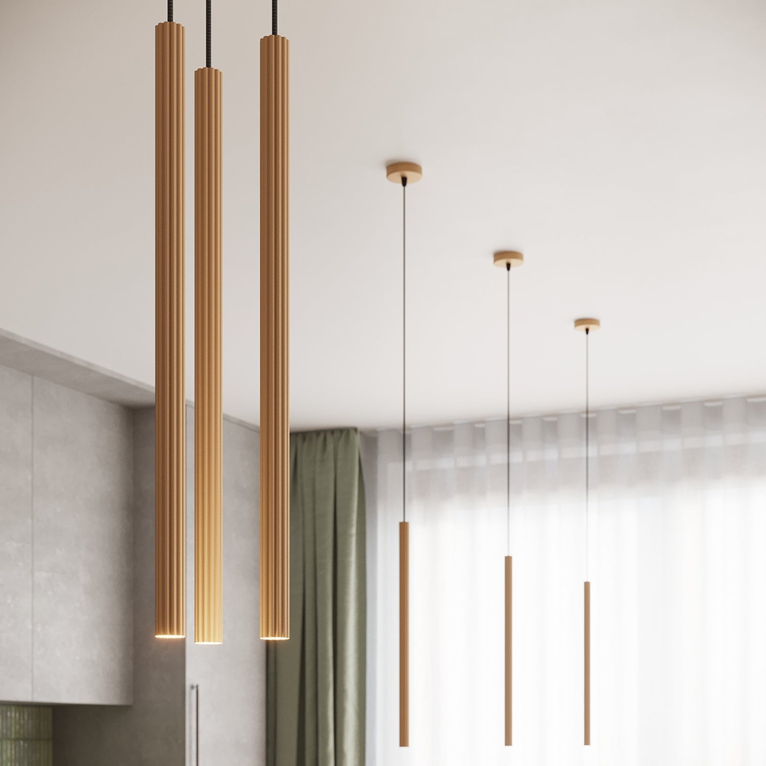 Suspension Arche 3 en grappe tubes cannelés doré G9, ambiance chaleureuse