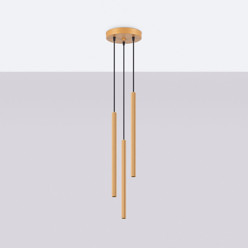 Suspension Arche 3 en grappe tubes cannelés doré G9 de profil