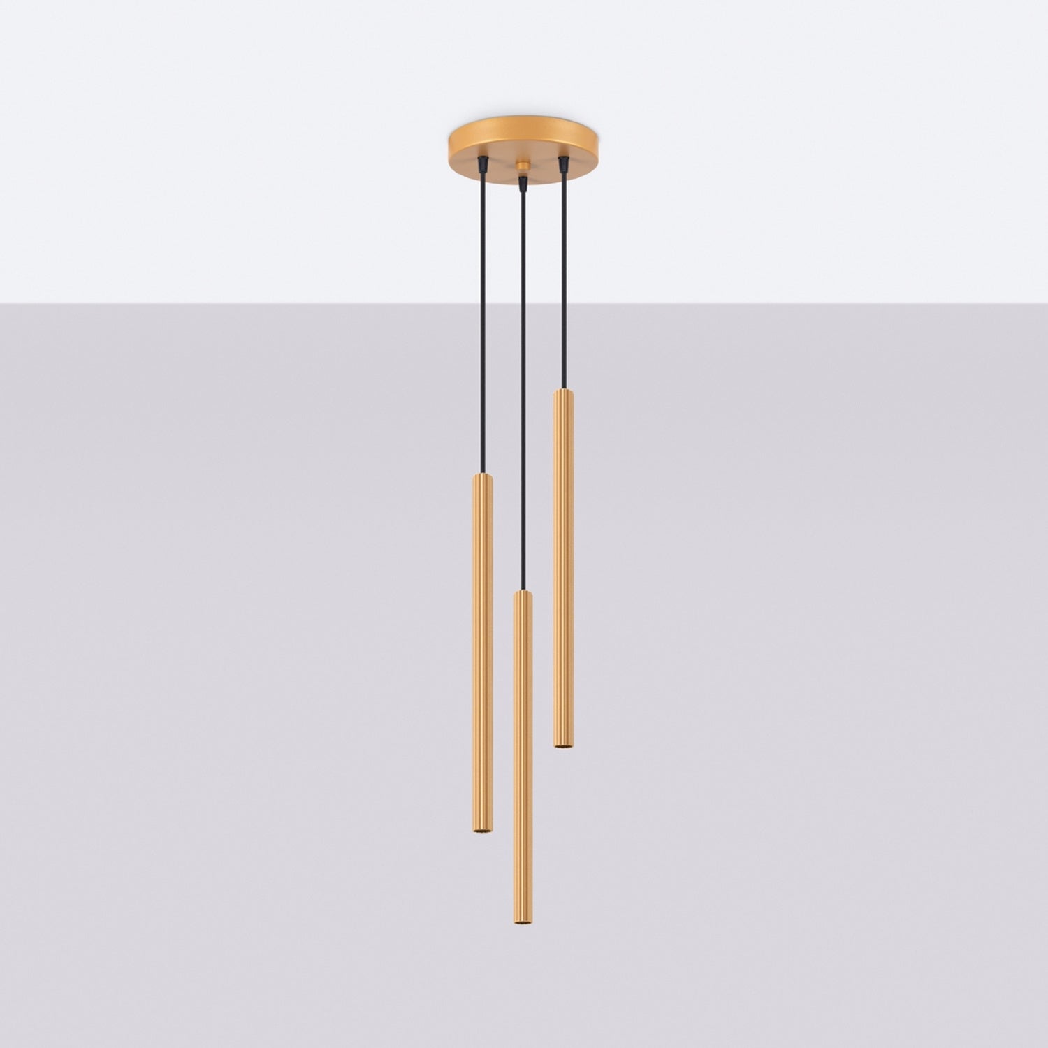 Suspension Arche 3 en grappe tubes cannelés doré G9 de profil