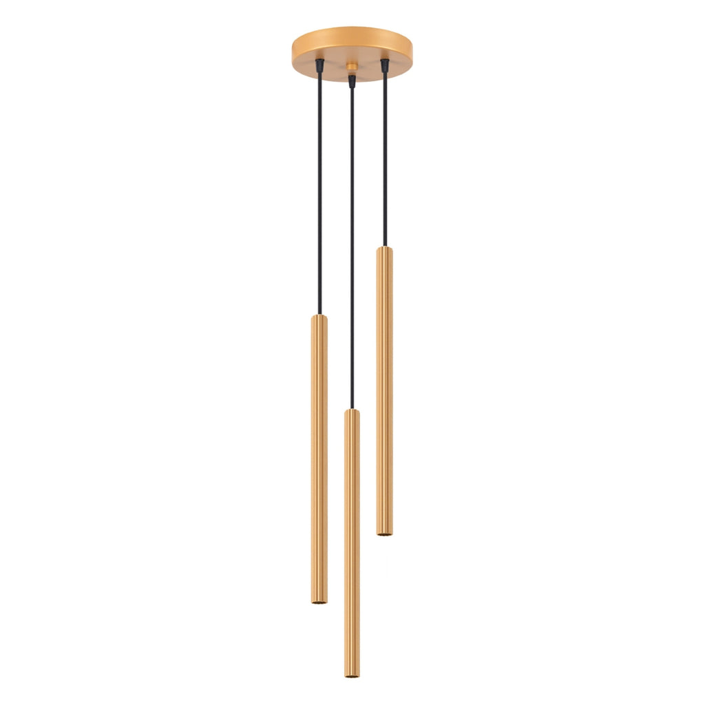 Suspension Arche 3 en grappe tubes cannelés doré G9, trois fins tubes cannelés en acier doré à hauteurs décalées