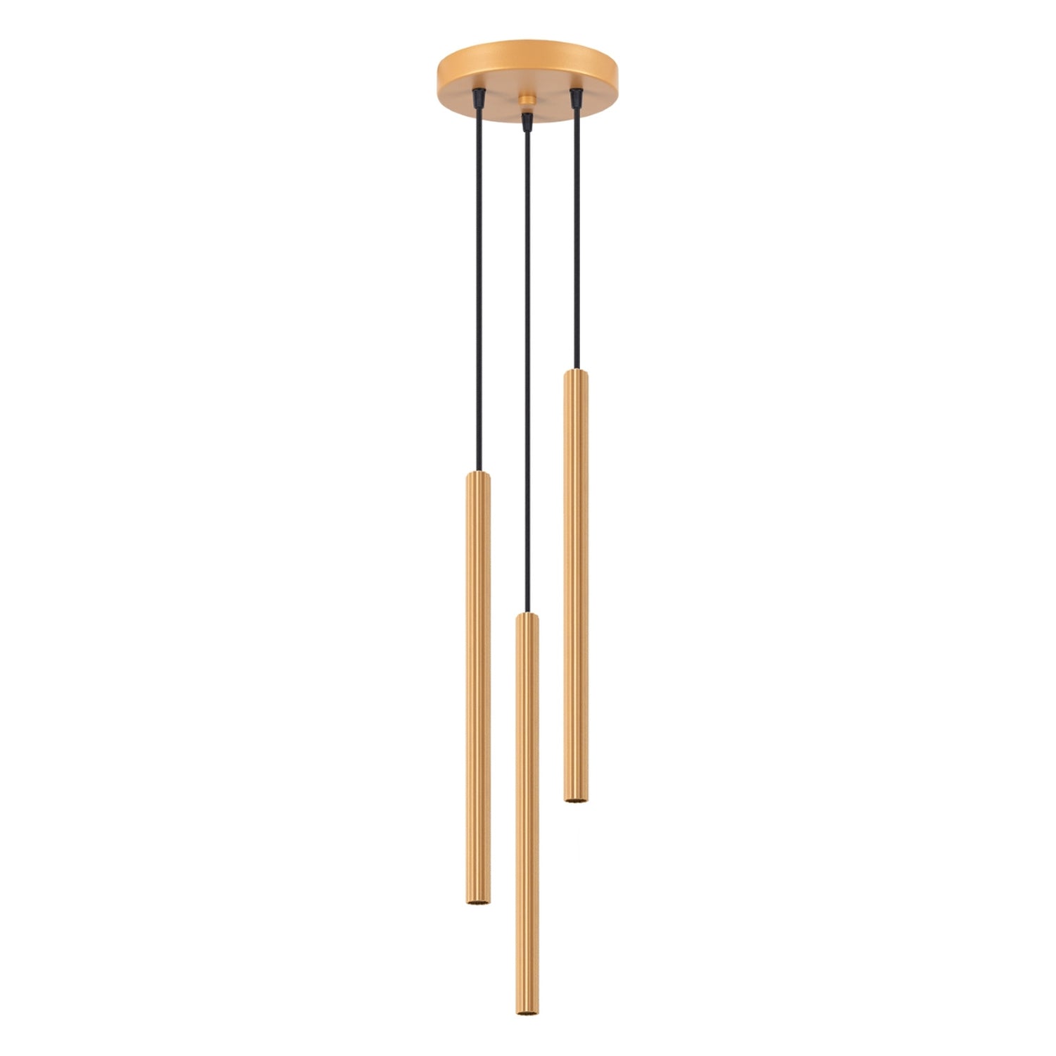 Suspension Arche 3 en grappe tubes cannelés doré G9, trois fins tubes cannelés en acier doré à hauteurs décalées