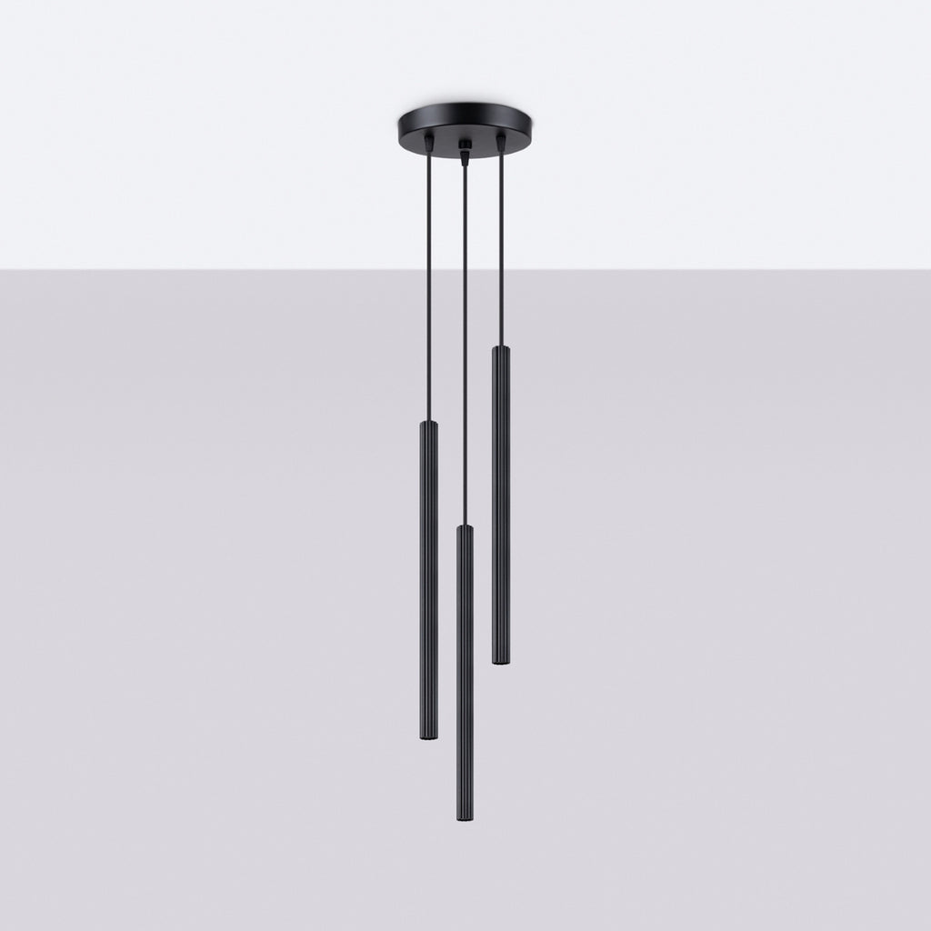 Suspension Arche 3 en grappe tubes cannelés noir G9 de profil