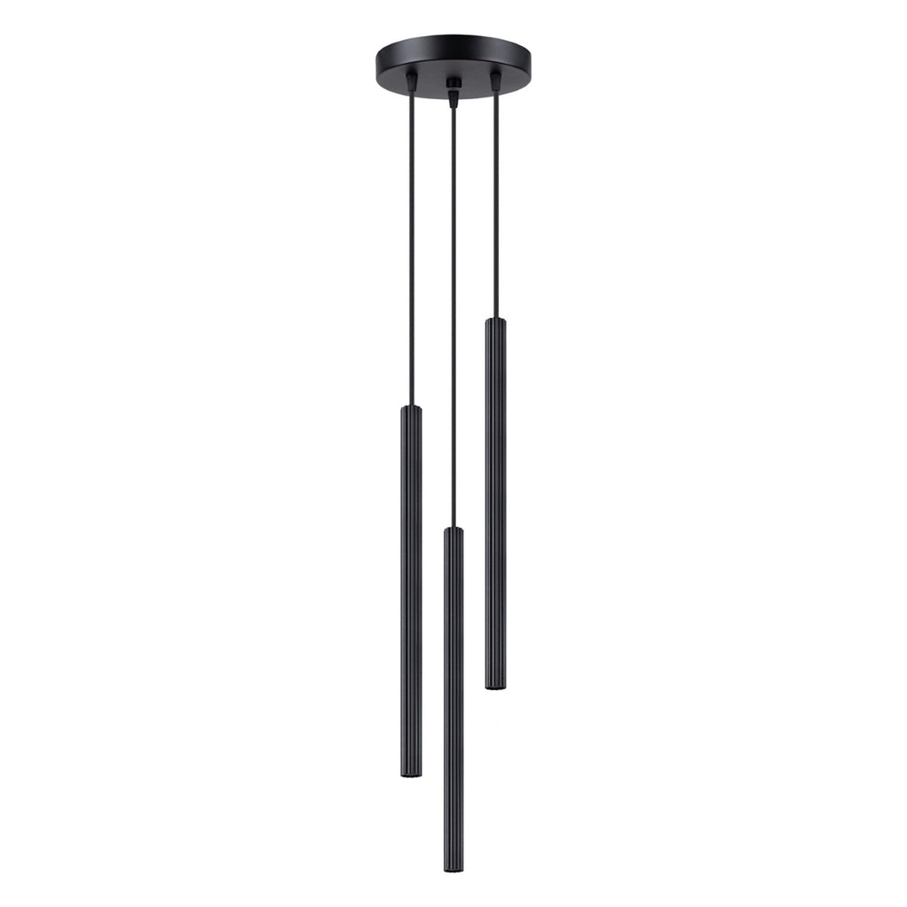 Suspension Arche 3 en grappe tubes cannelés noir G9, trois fins tubes cannelés en acier noir à hauteurs décalées