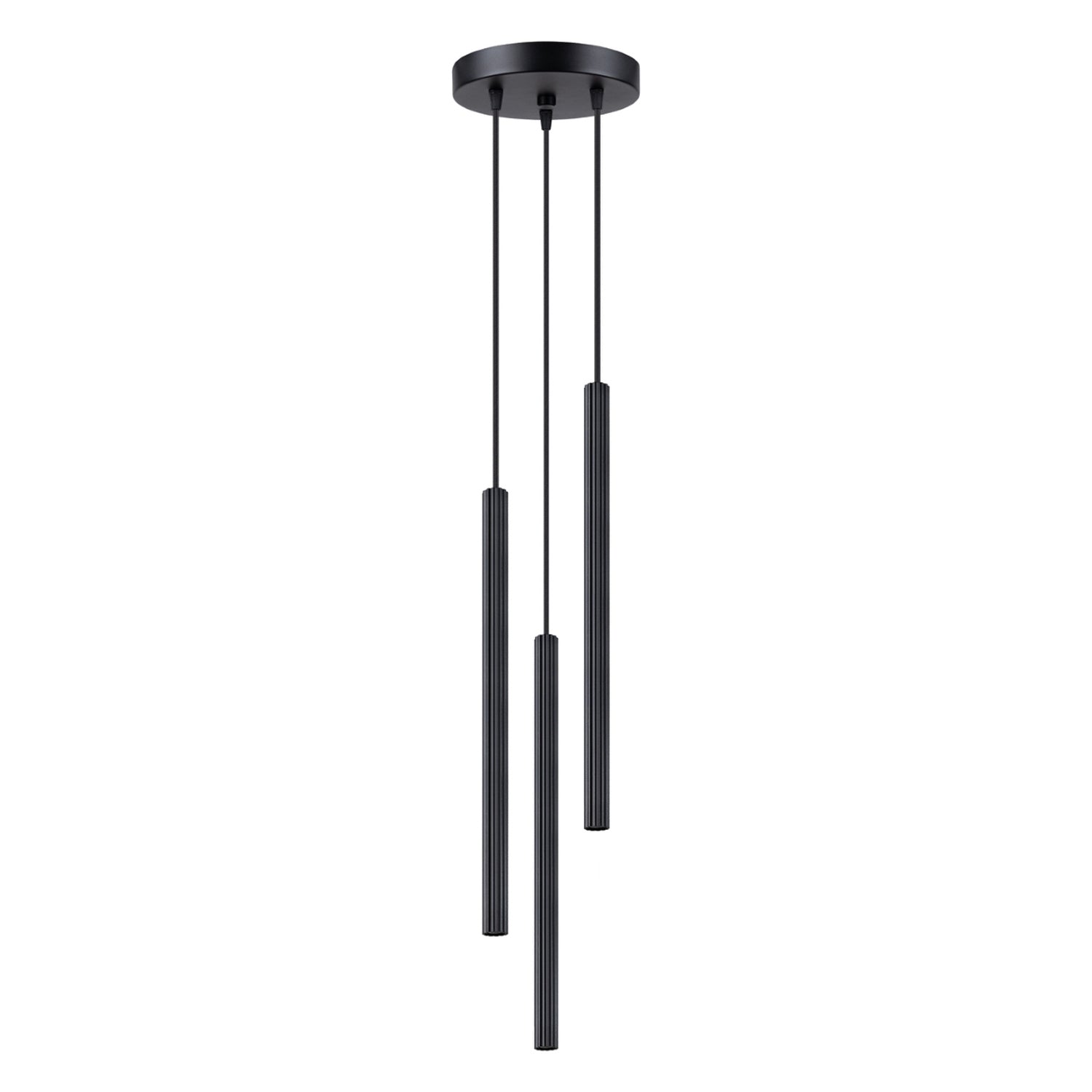 Suspension Arche 3 en grappe tubes cannelés noir G9, trois fins tubes cannelés en acier noir à hauteurs décalées