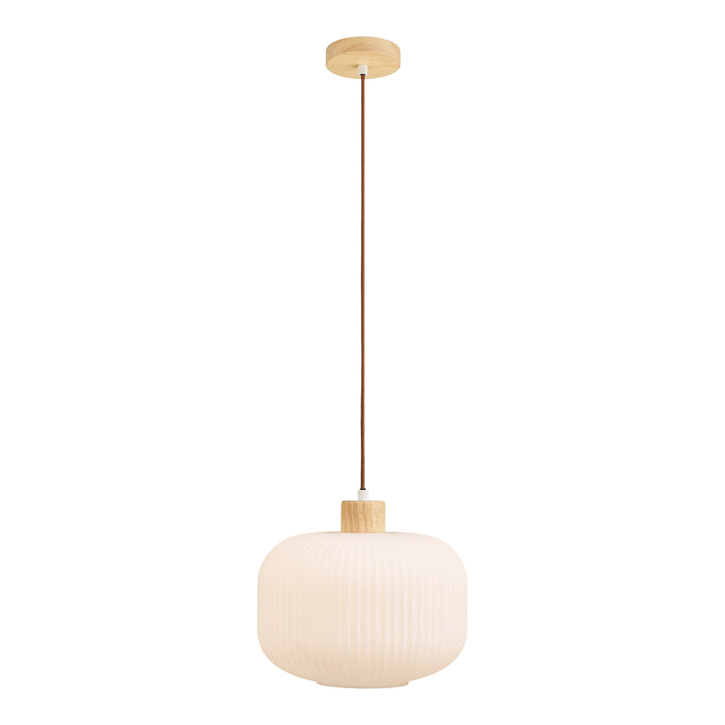 Suspension Argalo large verre côtelé blanc rosace bois naturel, vue de face fond blanc