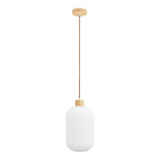 Suspension Argalo globe verre côtelé blanc dépoli et bois naturel, câble textile brun, fond blanc