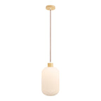 Suspension Argalo verre côtelé blanc et rosace bois naturel, vue de face fond blanc
