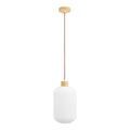 Suspension Argalo globe en verre côtelé blanc capuchon et rosace en bois clair et câble brun sur fond blanc
