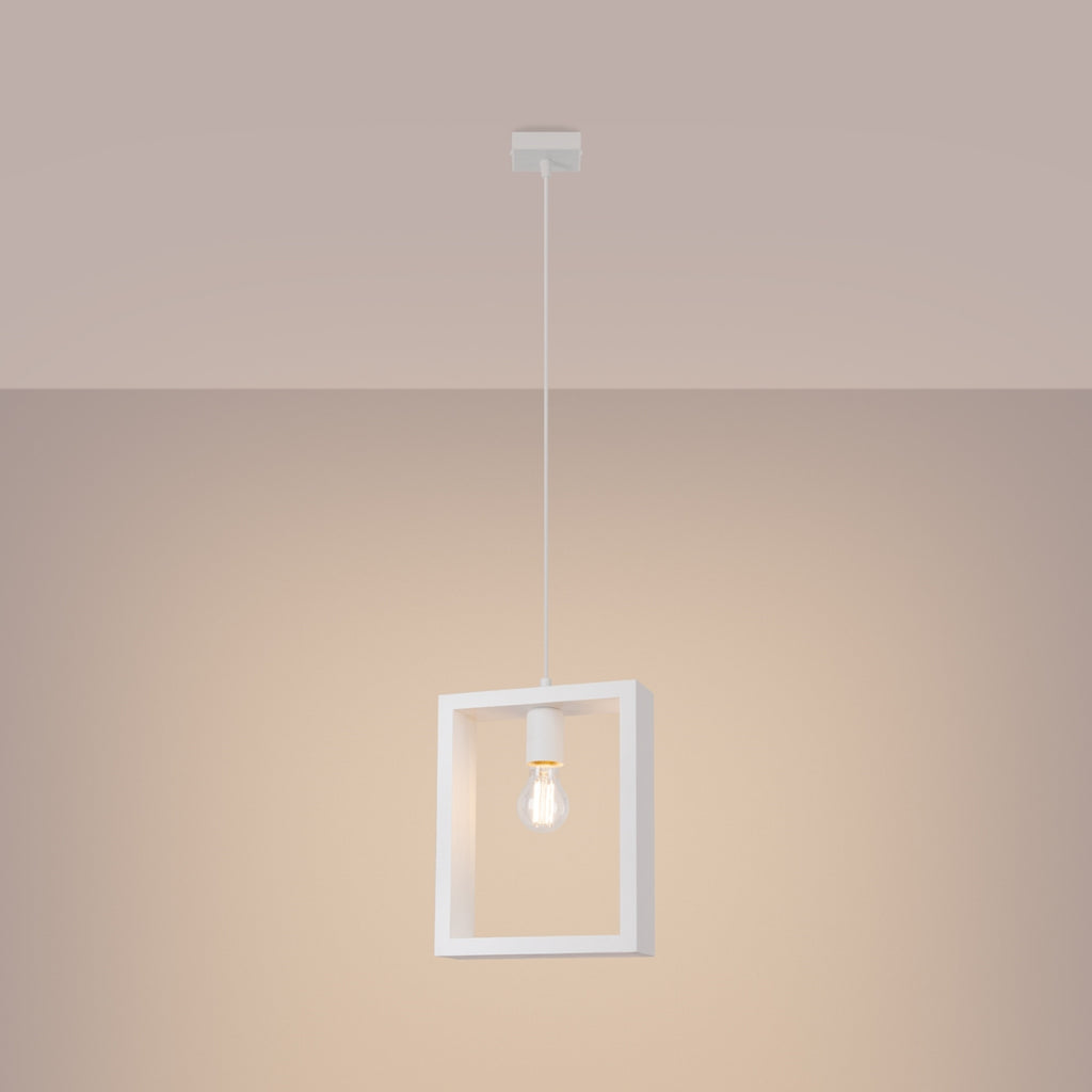 Suspension Aries cadre en bois blanc E27 allumée, ampoule E27 apparente