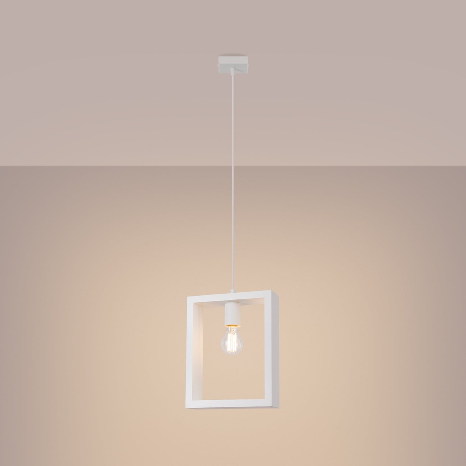 Suspension Aries cadre en bois blanc E27 allumée, ampoule E27 apparente