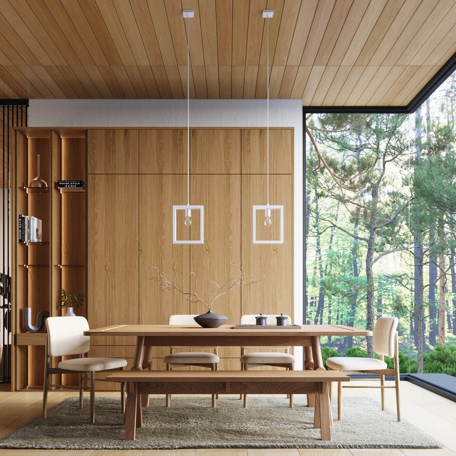 Suspension Aries cadre en bois blanc E27 en ambiance