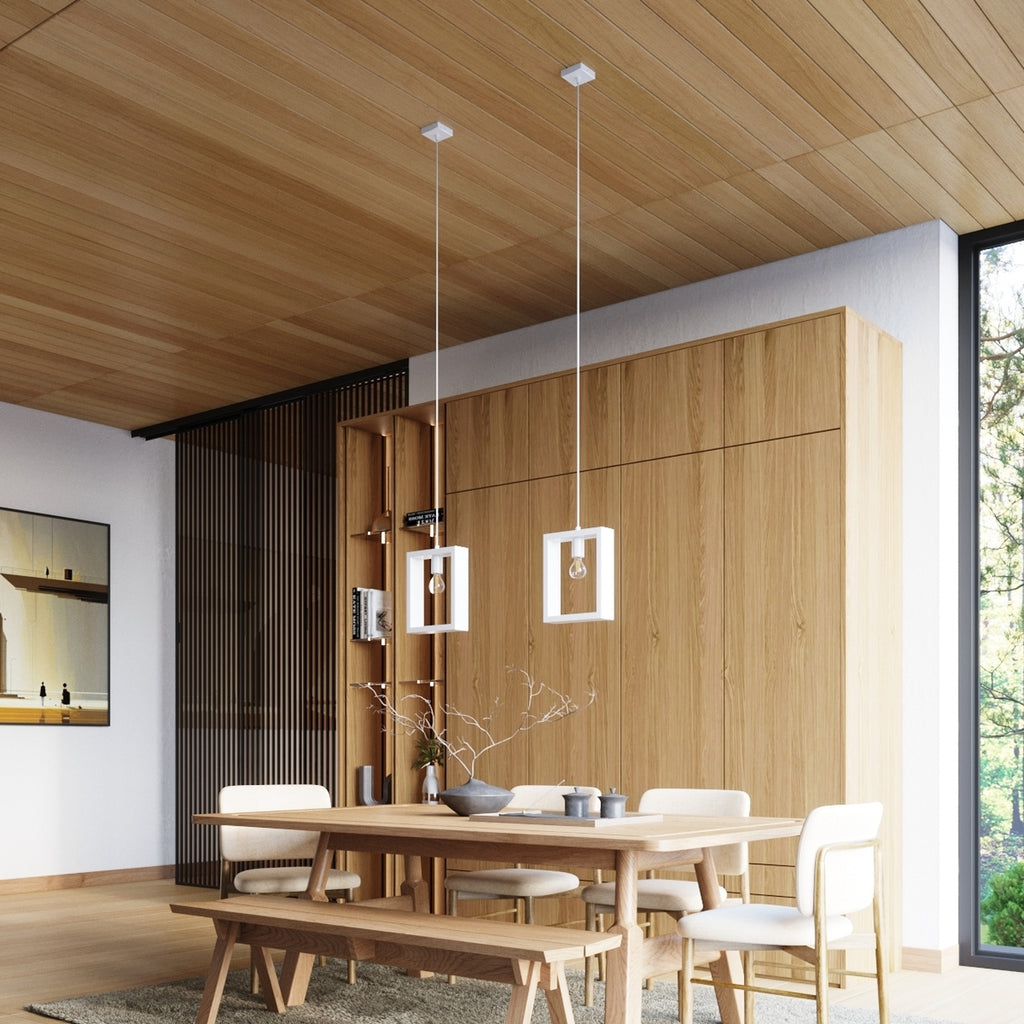 Suspension Aries cadre en bois blanc E27 en situation dans un intérieur