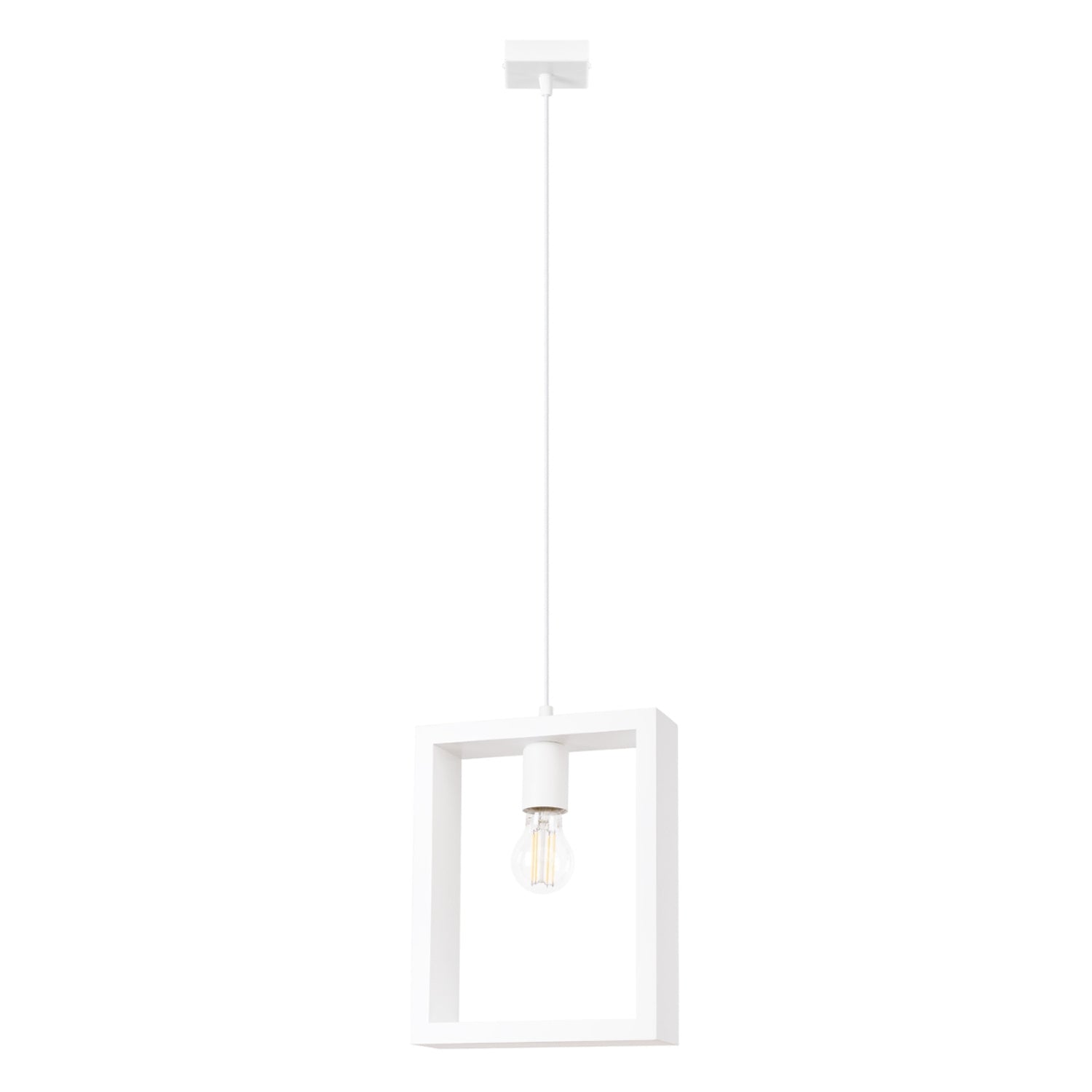 Suspension Aries cadre en bois blanc E27, cadre carré ouvert en bois laqué blanc, ampoule E27 apparente