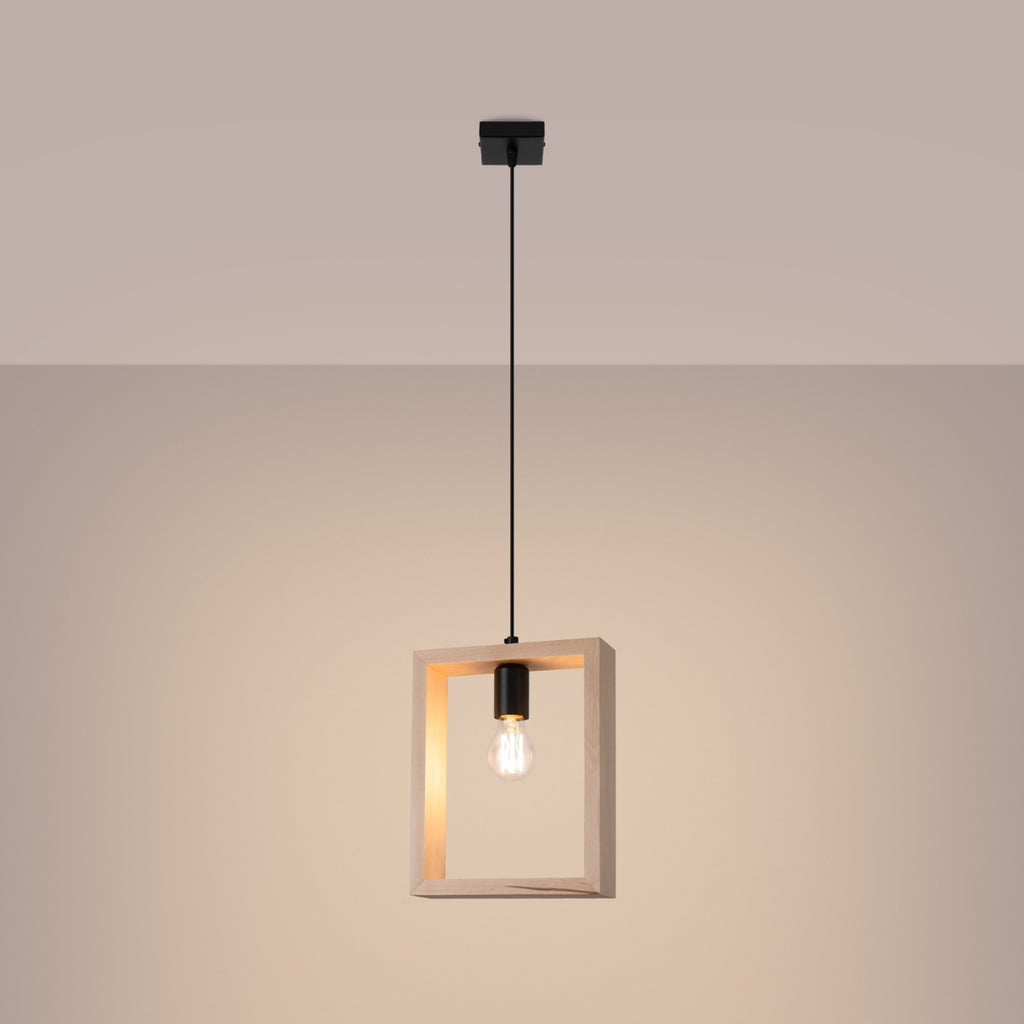 Suspension Aries cadre en bois naturel E27 allumée, ampoule E27 apparente