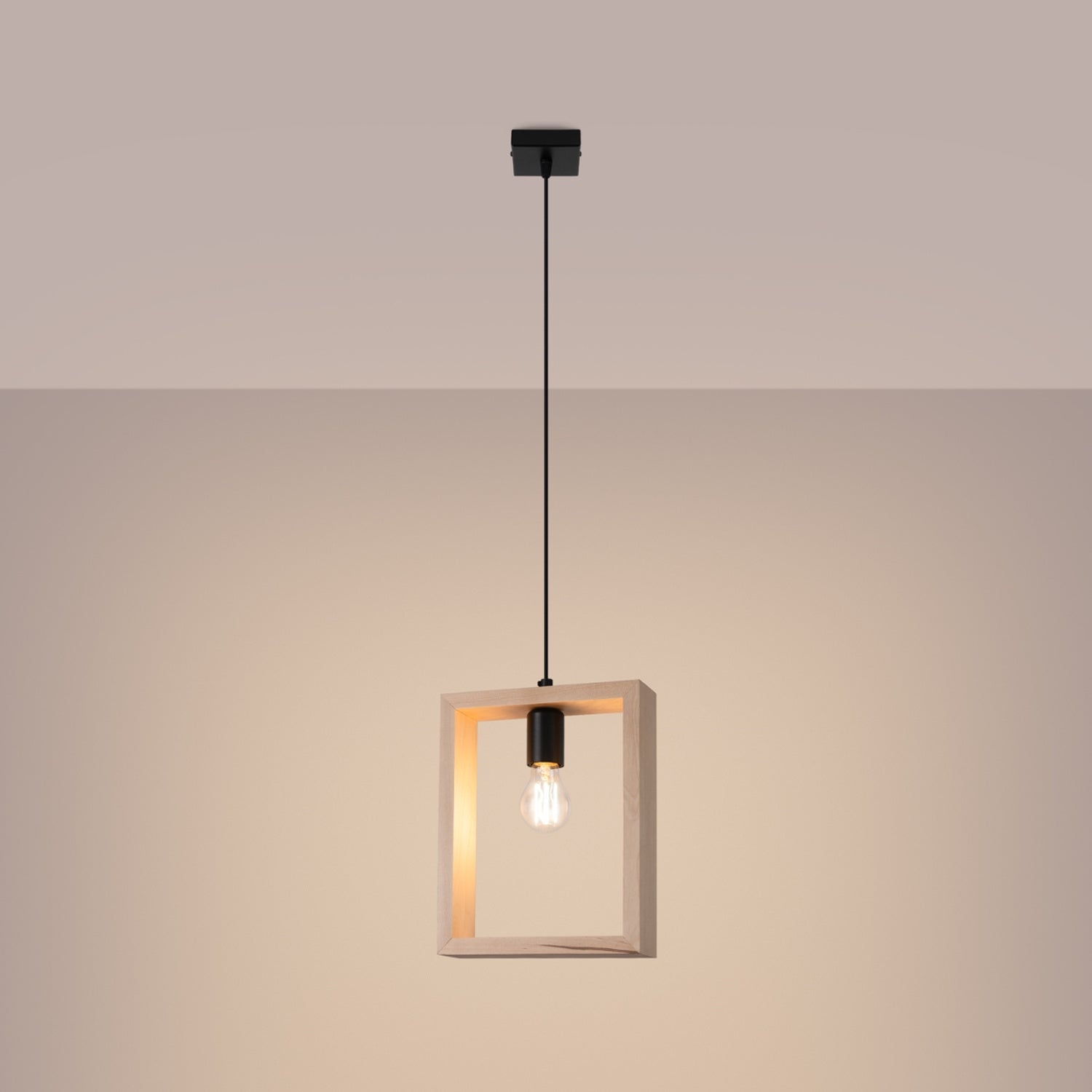 Suspension Aries cadre en bois naturel E27 allumée, ampoule E27 apparente
