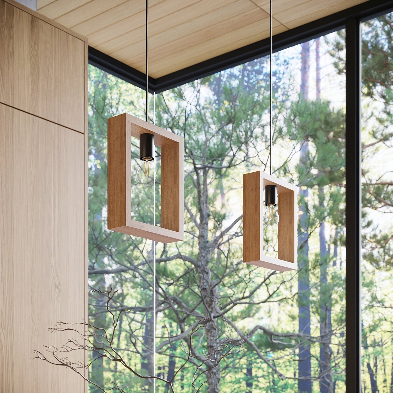 Suspension Aries cadre en bois naturel E27, ambiance chaleureuse