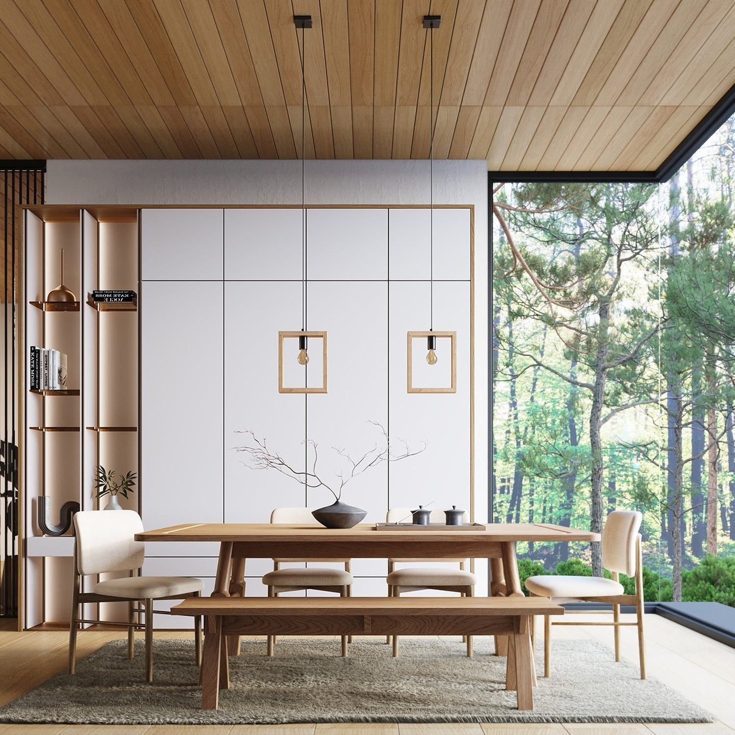 Suspension Aries cadre en bois naturel E27 en ambiance