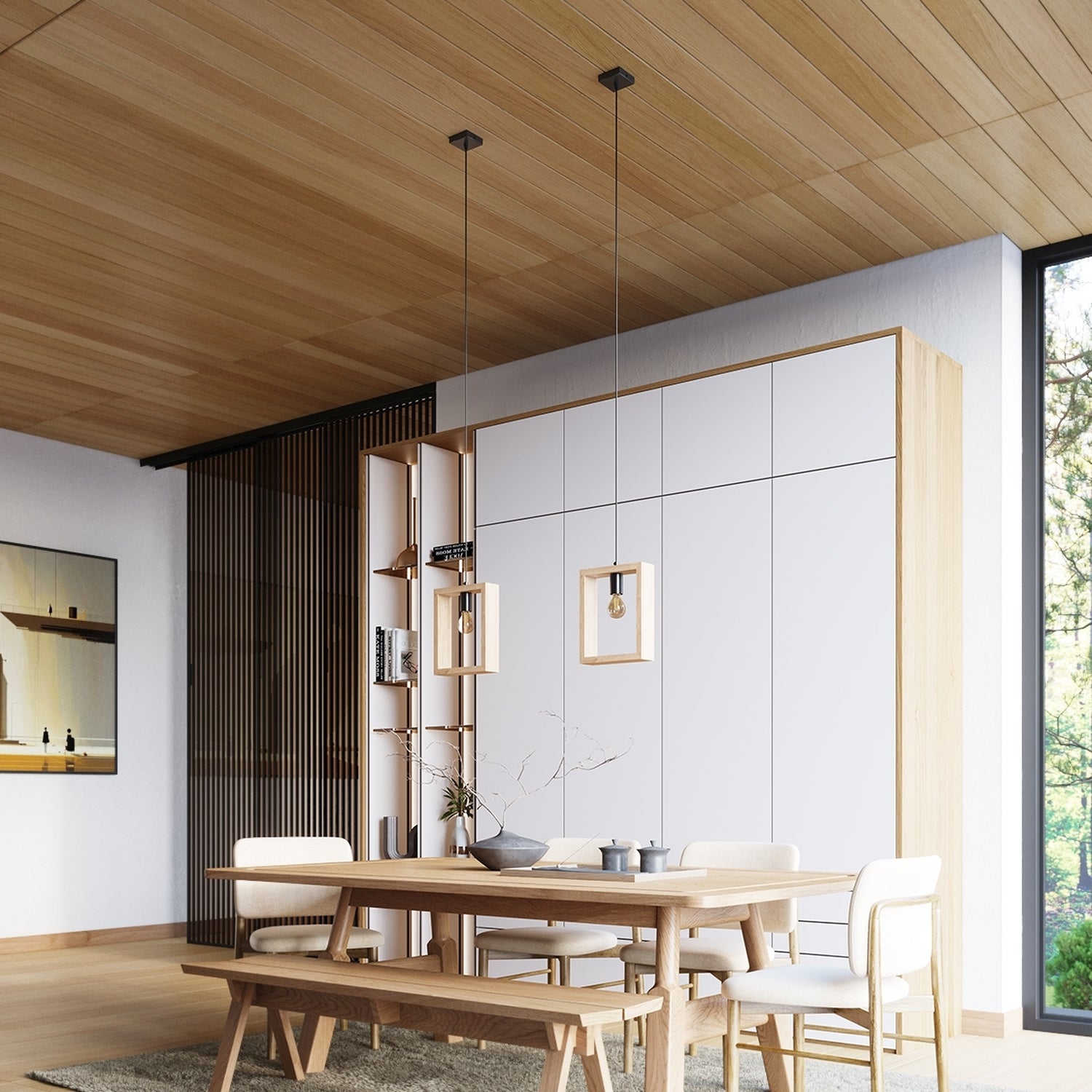 Suspension Aries cadre en bois naturel E27 en situation dans un intérieur