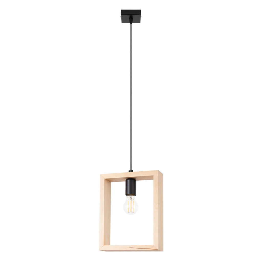 Suspension Aries cadre en bois naturel E27, cadre carré ouvert en bois naturel, ampoule E27 apparente