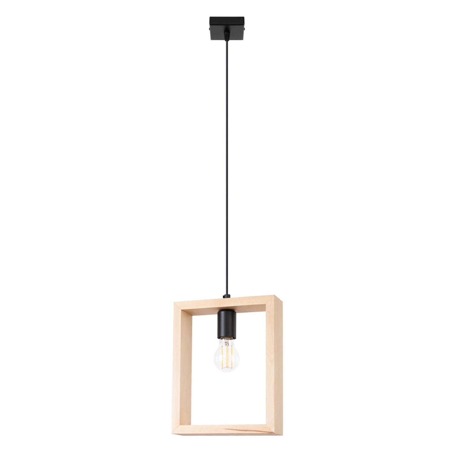 Suspension Aries cadre en bois naturel E27, cadre carré ouvert en bois naturel, ampoule E27 apparente