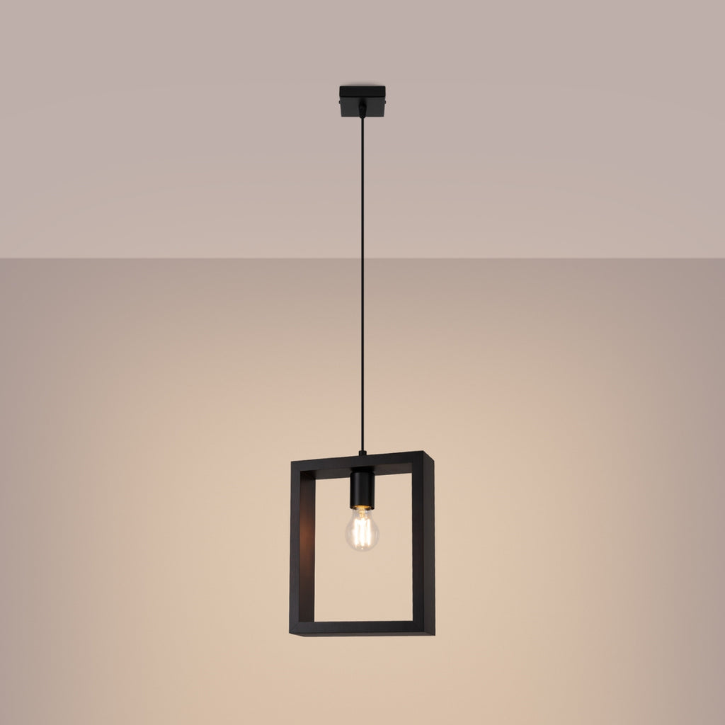 Suspension Aries cadre en bois wengé E27 allumée, ampoule E27 apparente