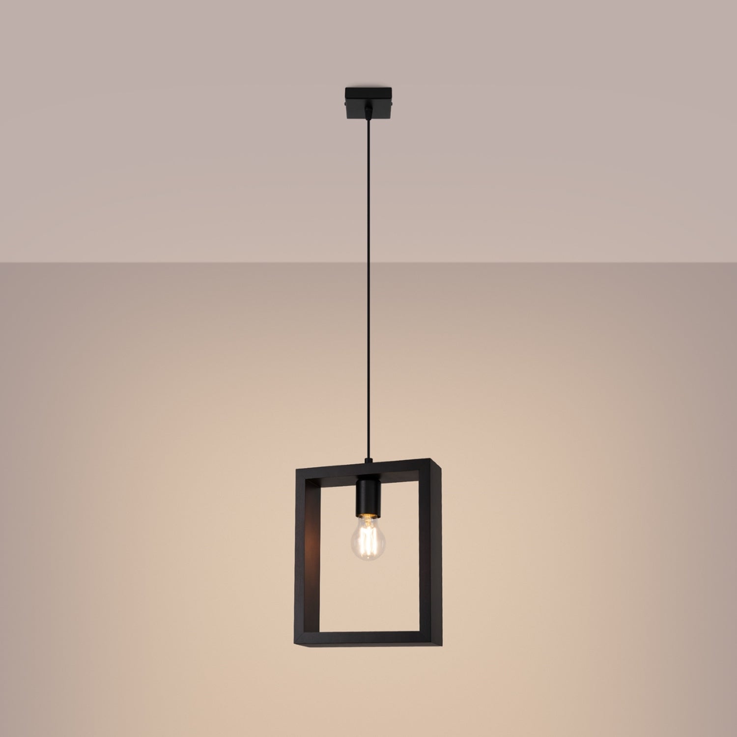 Suspension Aries cadre en bois wengé E27 allumée, ampoule E27 apparente