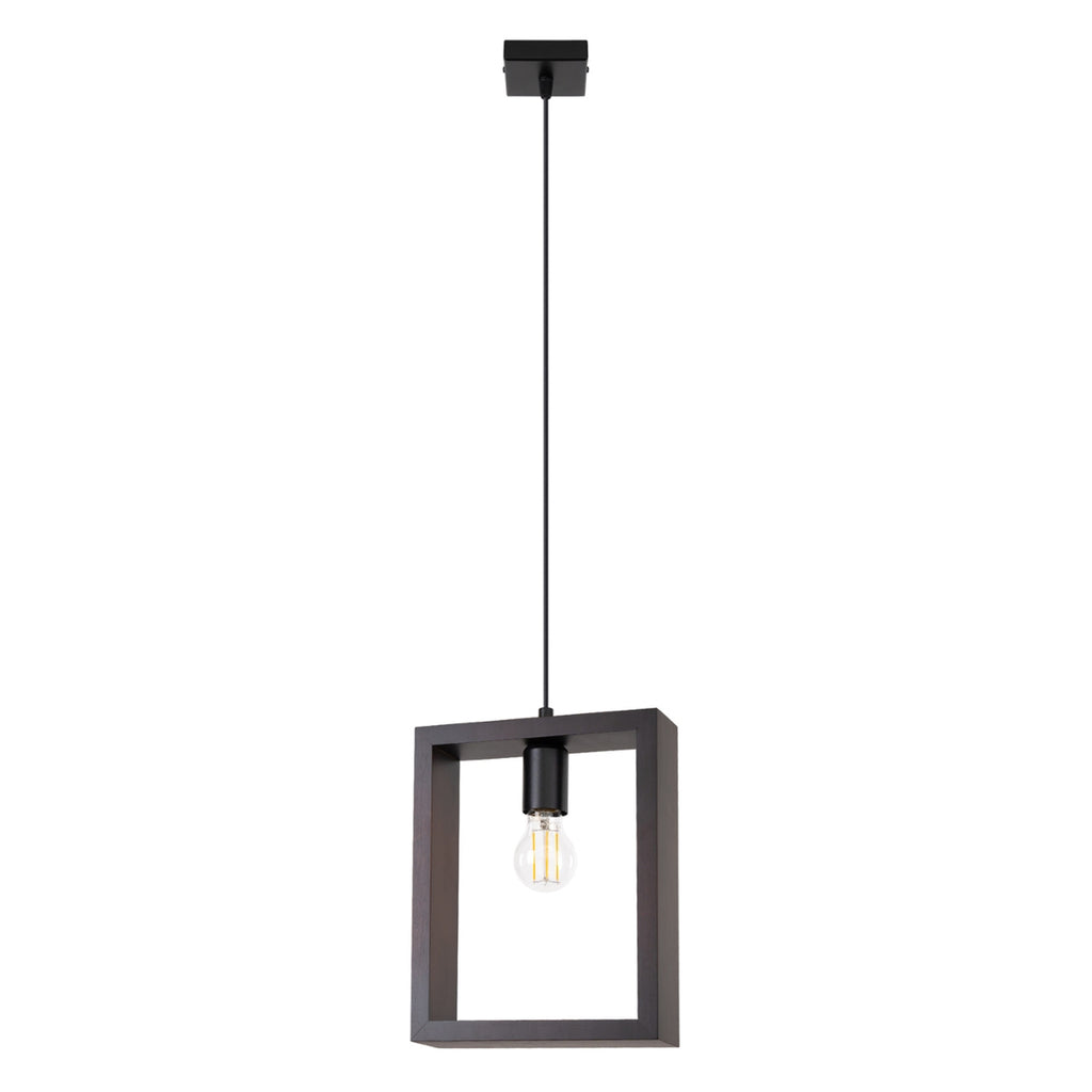 Suspension Aries cadre en bois wengé E27, cadre carré ouvert en bois wengé, ampoule E27 apparente