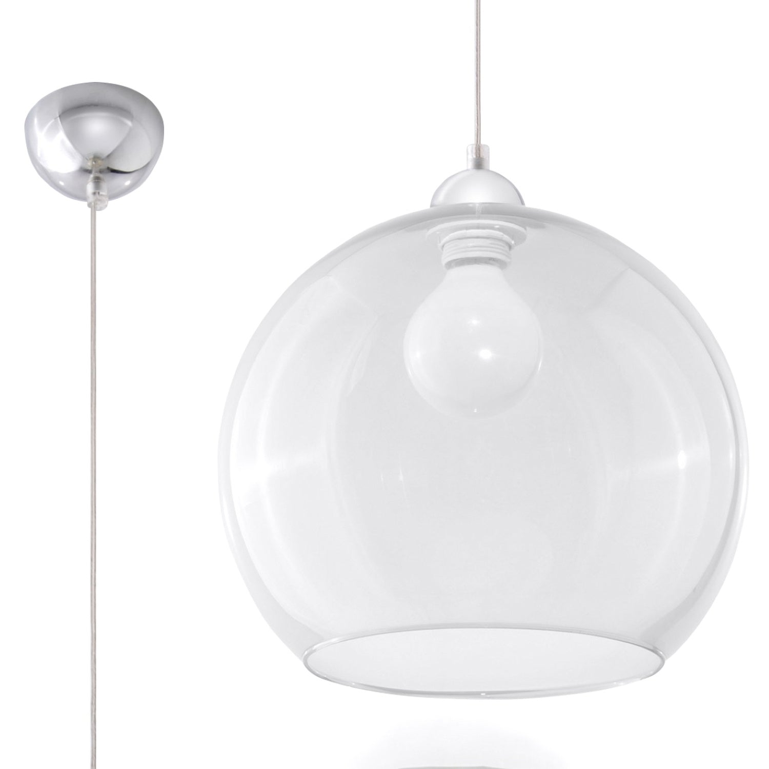 Suspension Ball transparente en verre, boule de 30 cm et rosace chromée