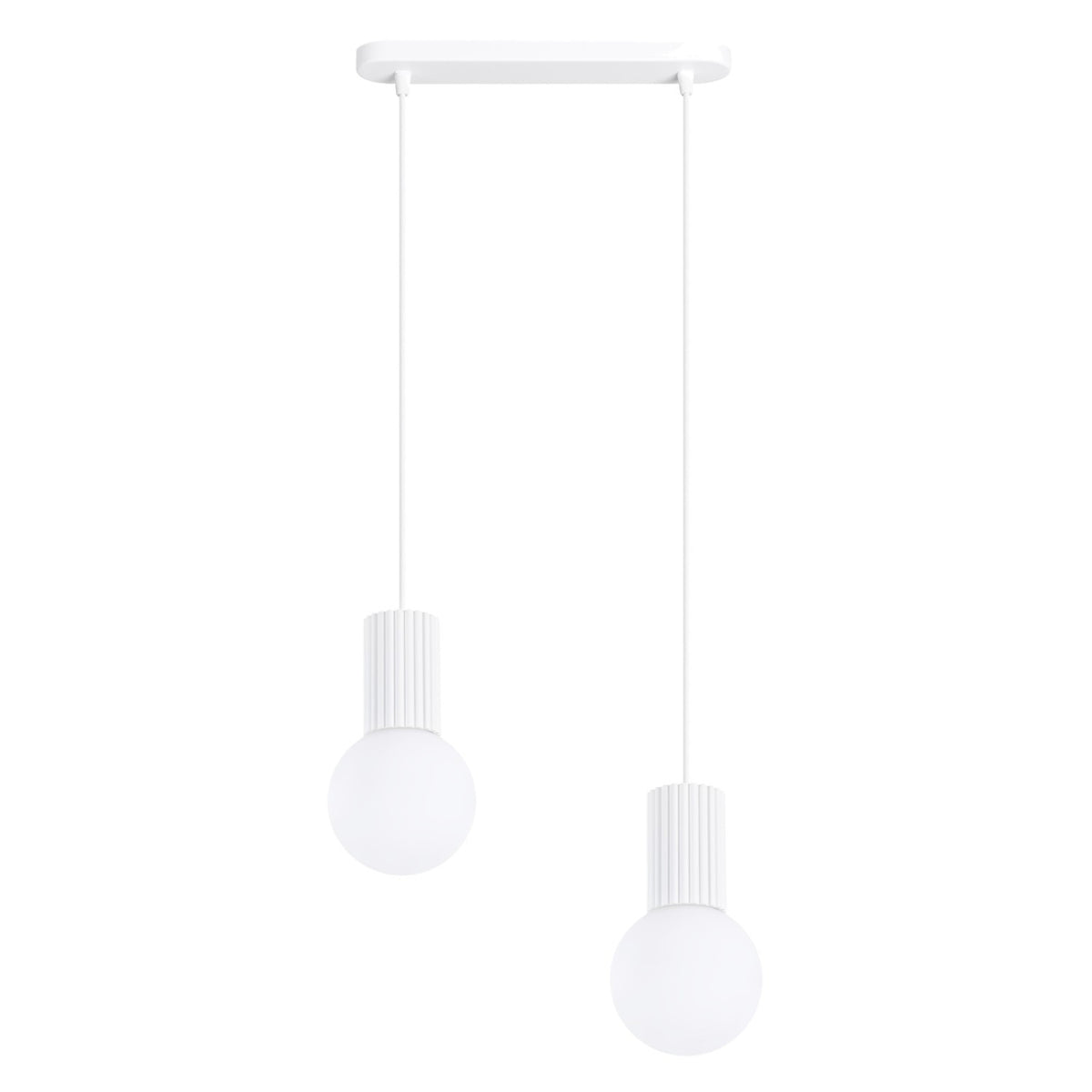 Suspension Halo barre 2 boules laque blanche avec ses deux boules de verre opale à hauteurs décalées
