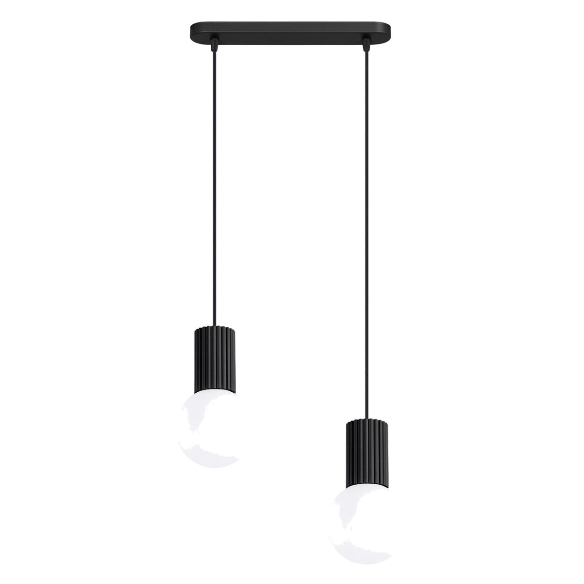 Suspension Halo barre 2 boules laque noire avec ses deux boules de verre opale à hauteurs décalées