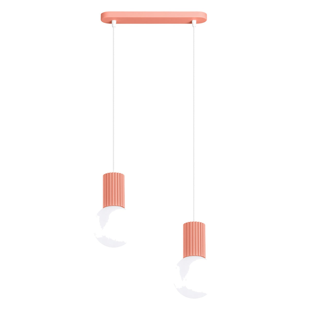 Suspension Halo barre 2 boules laque rose pêche avec ses deux boules de verre opale à hauteurs décalées