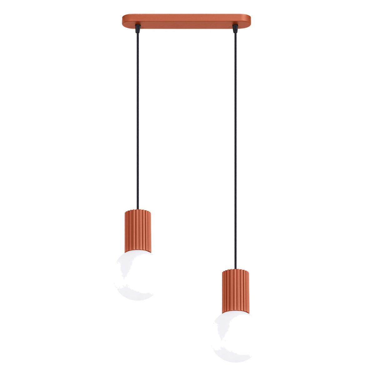 Suspension Halo barre 2 boules laque rouge ocre avec ses deux boules de verre opale à hauteurs décalées