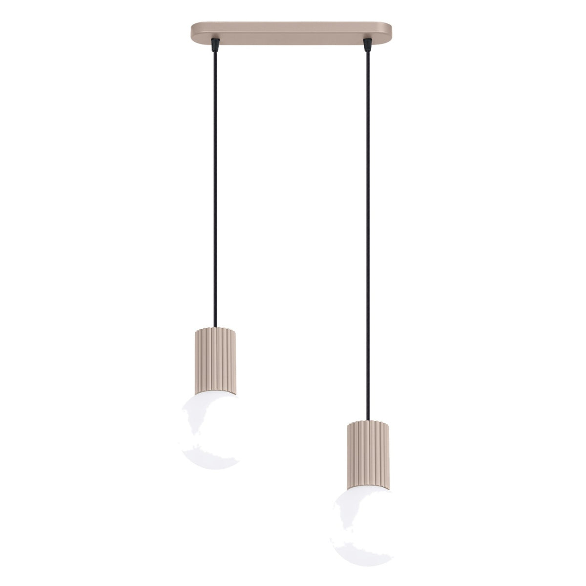 Suspension Halo barre 2 boules laque taupe avec ses deux boules de verre opale à hauteurs décalées