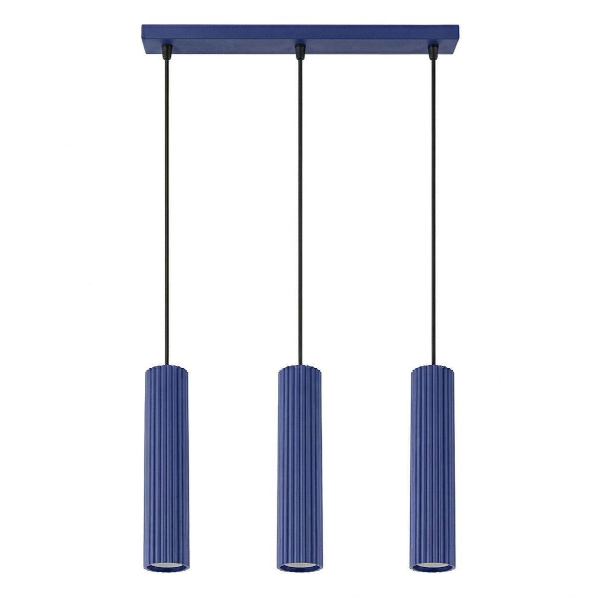 Suspension barre Karbon à trois tubes cannelés en laque bleu outremer sur fond clair