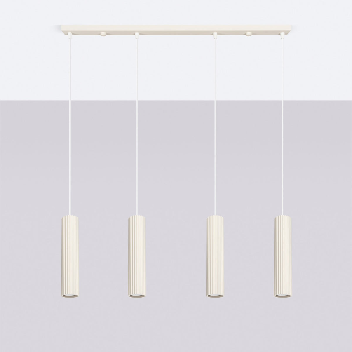 Suspension barre Karbon laque beige éteinte fixée au plafond vue de face