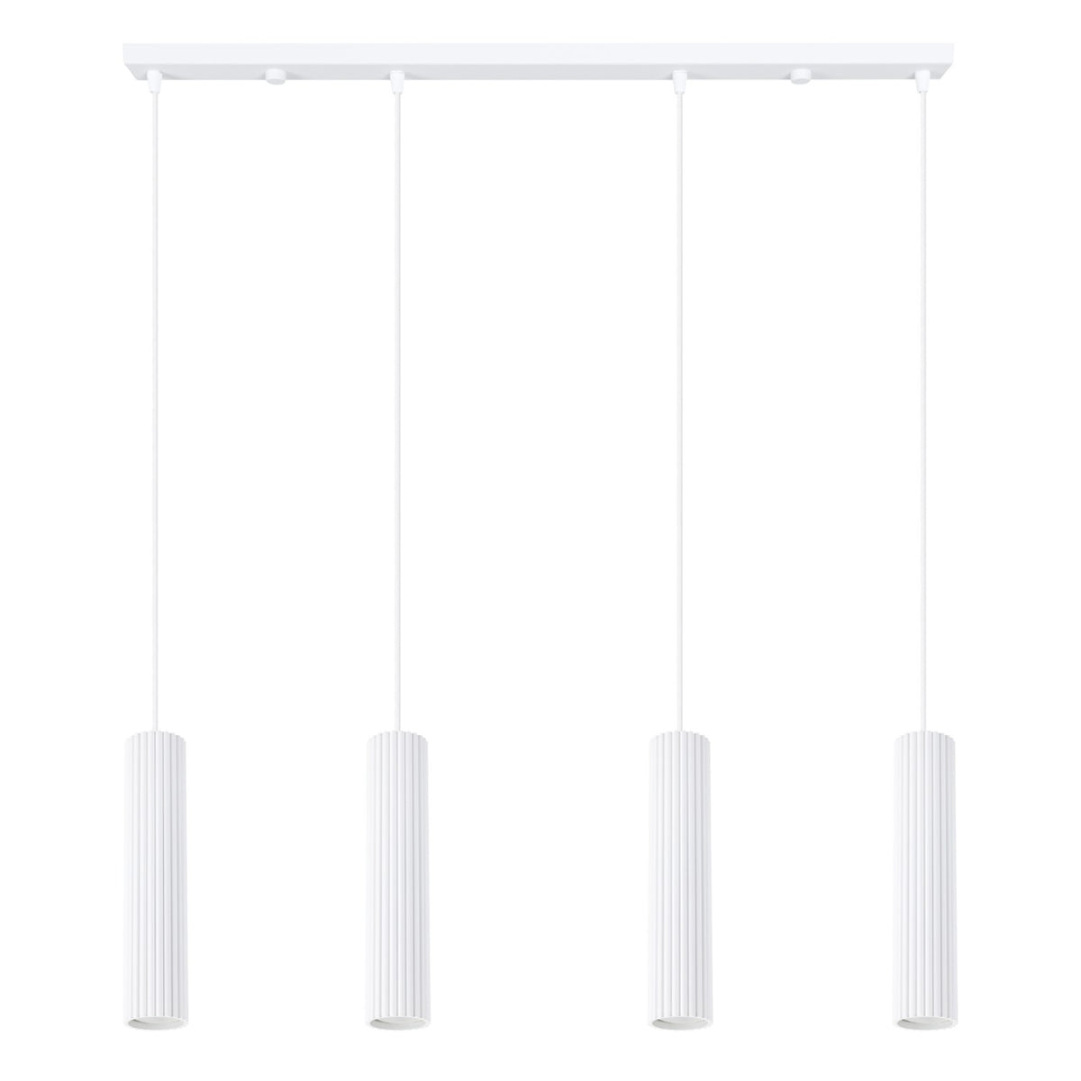 Suspension barre Karbon laque blanche quatre tubes cannelés sur câbles blancs sous une barre de 81 cm