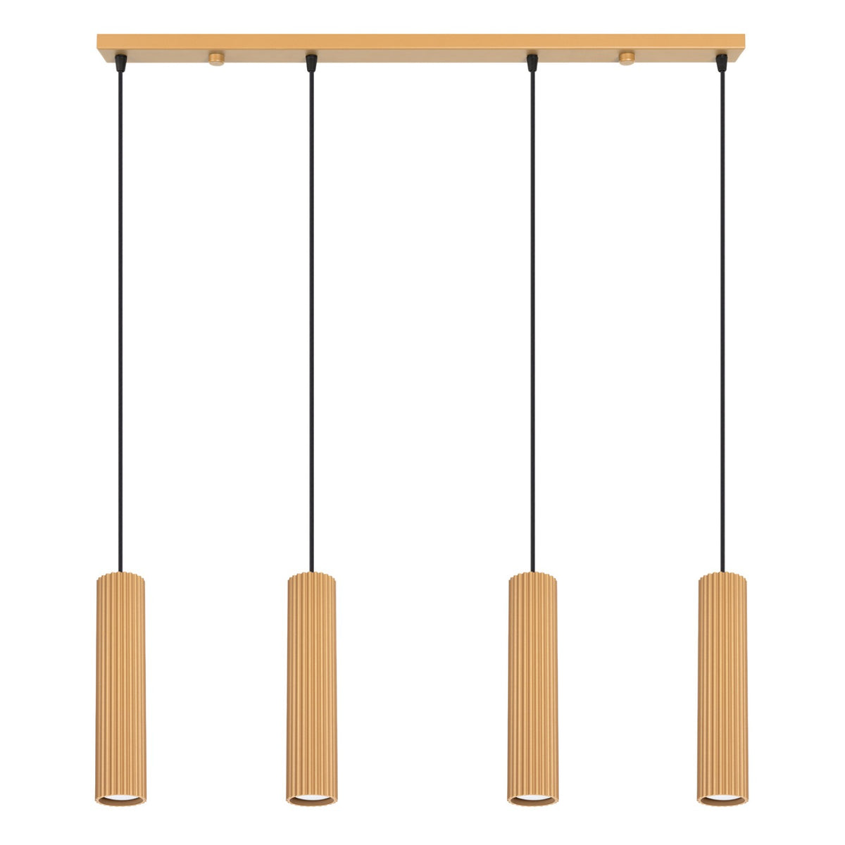 Suspension barre Karbon laque dorée quatre tubes cannelés sur câbles noirs sous une barre de 81 cm