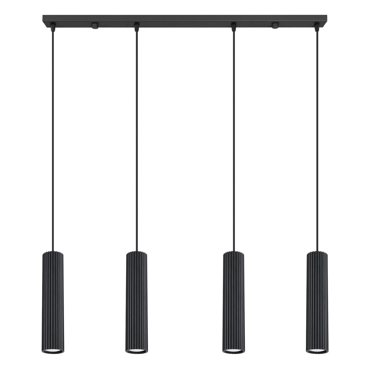 Suspension barre Karbon laque noire quatre tubes cannelés sur câbles noirs sous une barre de 81 cm