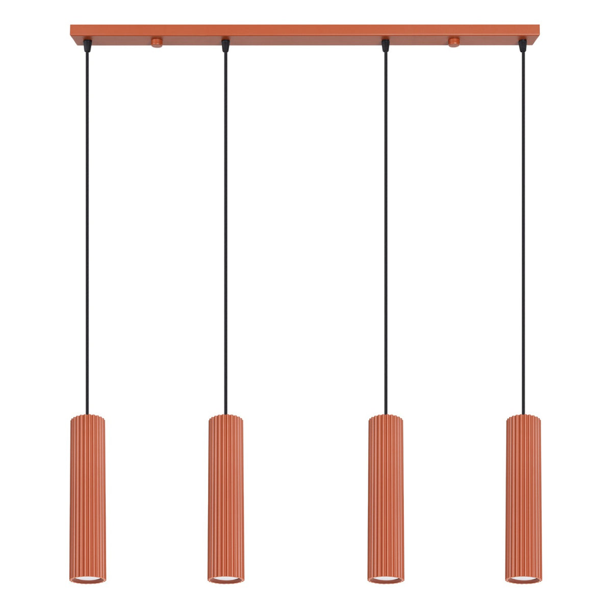Suspension barre Karbon laque rouge ocre quatre tubes cannelés sur câbles noirs sous une barre de 81 cm