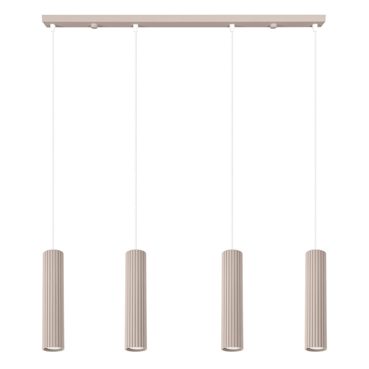 Suspension barre Karbon laque taupe quatre tubes cannelés sur câbles blancs sous une barre de 81 cm