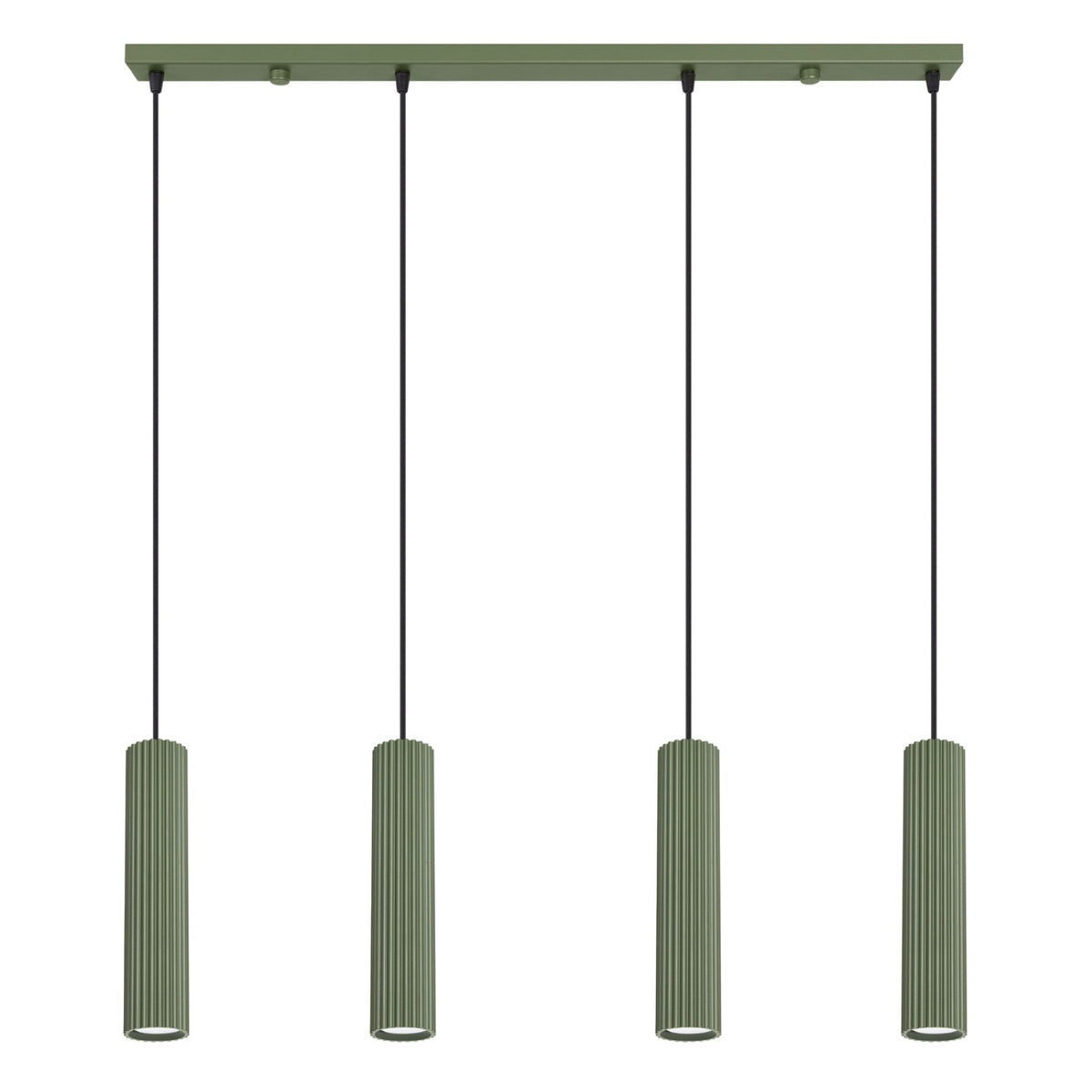 Suspension barre Karbon laque vert olive quatre tubes cannelés sur câbles noirs sous une barre de 81 cm