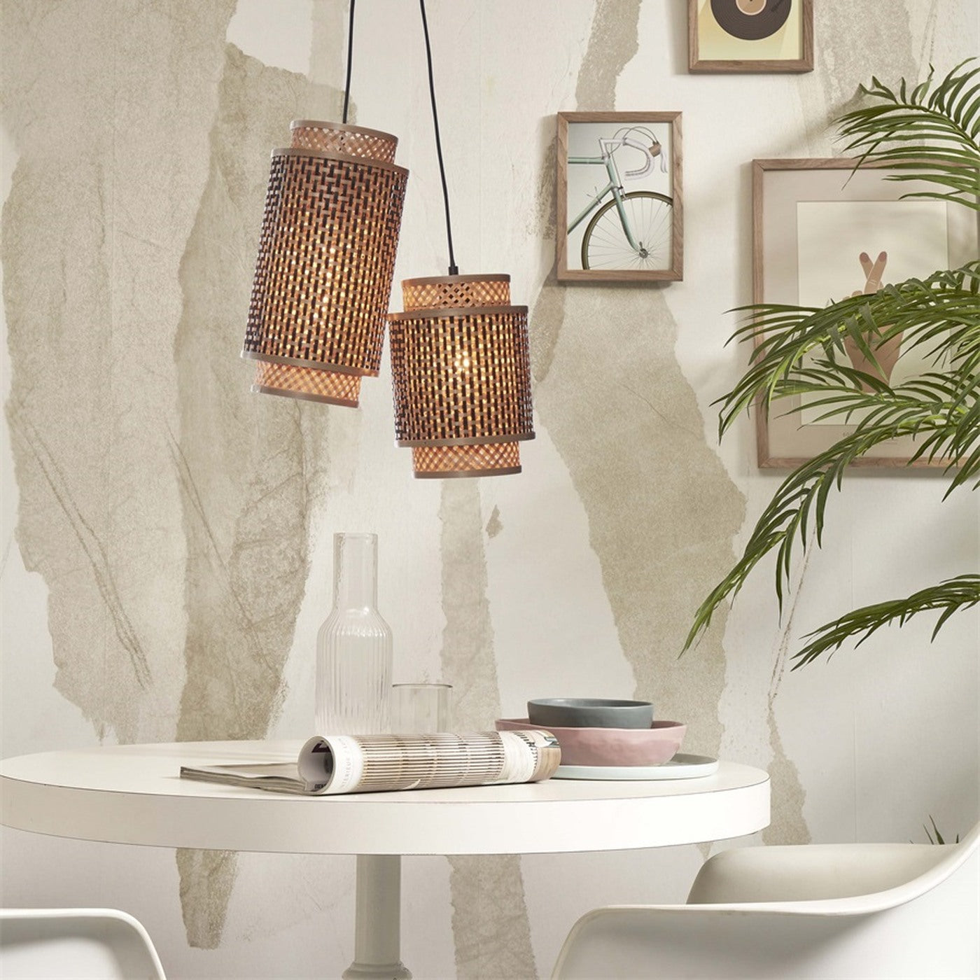 Suspension Bhutan bambou naturel et noir 2 abat-jours E27, vue 2