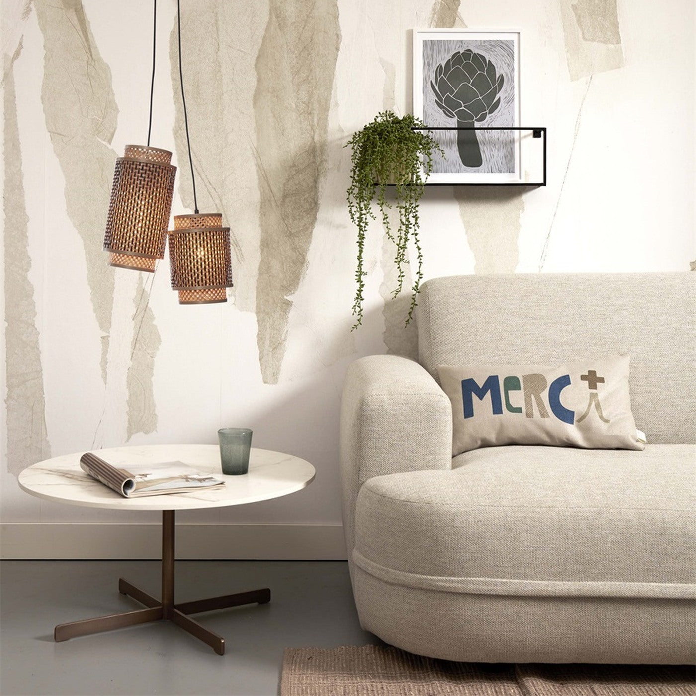 Suspension Bhutan bambou naturel et noir 2 abat-jours E27, vue 3